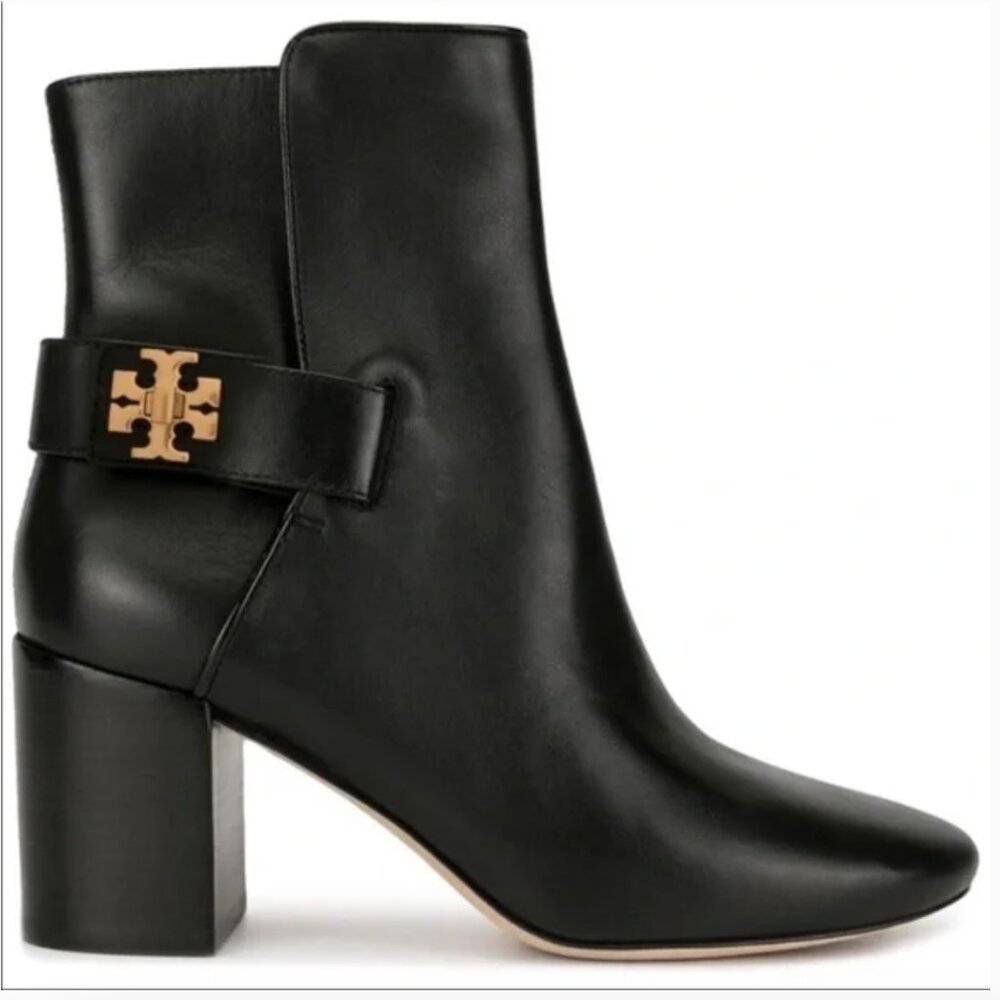 Tory Burch Kira Black Leather Ankle Boots 7 gold logo ankle short heeled - Picture 2 of 14